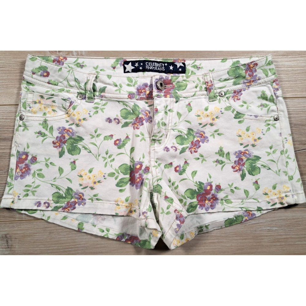 Celebrity Pink Floral Denim Shorts Low Rise Stretch Junior Womens 7